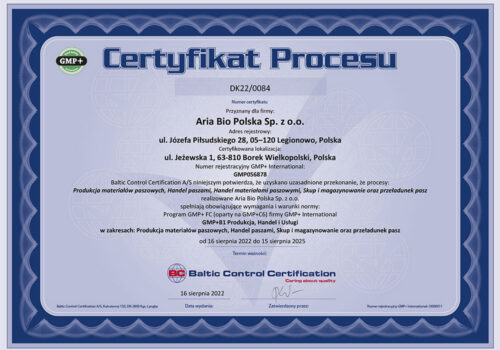 ARIA BIO GMP+ certyfikat PL 2022