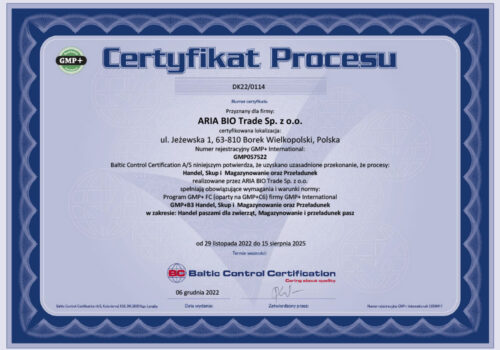 ARIA BIO Trade GMP+ certyfikat2022